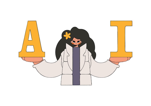 Ilustración vectorial que muestra a una mujer sosteniendo las letras 'A' e 'I', que significan Inteligencia Artificial.