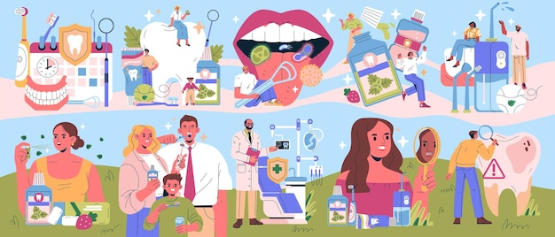 Ilustración vectorial que muestra varios aspectos de la higiene dental, incluidas las técnicas de cepillado