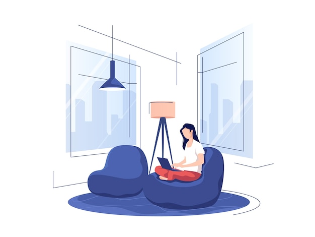 Ilustración vectorial que representa a una joven en un interior moderno usando una computadora portátil en una silla de casa