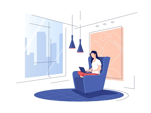 Ilustración vectorial que representa a una joven en un interior moderno usando una computadora portátil en una silla de casa