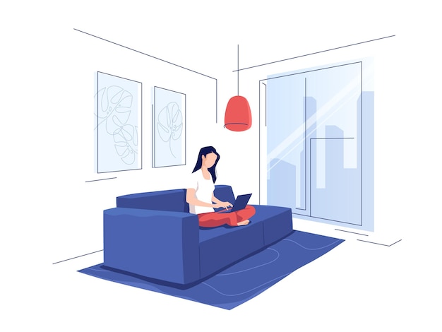 Ilustración vectorial que representa a una joven en un interior moderno usando una computadora portátil en un sofá de casa