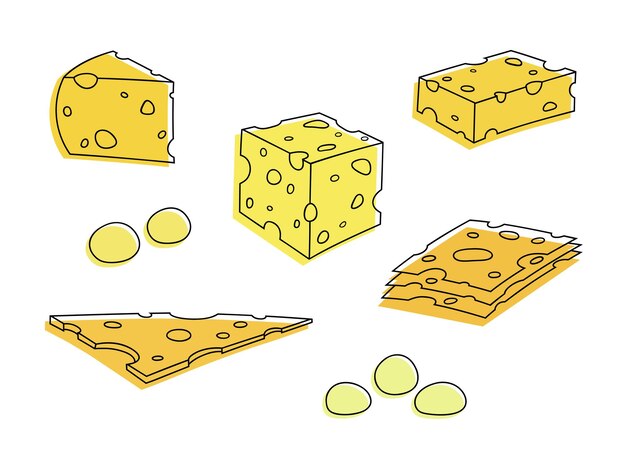 Ilustración vectorial de queso de un conjunto de piezas de queso amarillo en un agujero de diferentes variedades