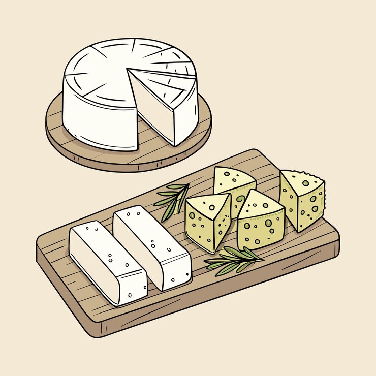 Ilustración vectorial de queso de primera calidad Colección de dados y rebanadas