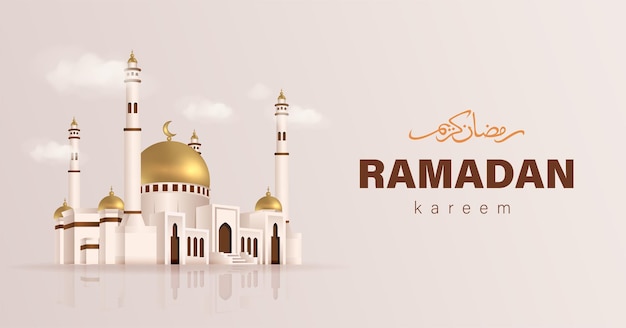 Ilustración vectorial de Ramadán Kareem con fondo realista de mezquita dorada