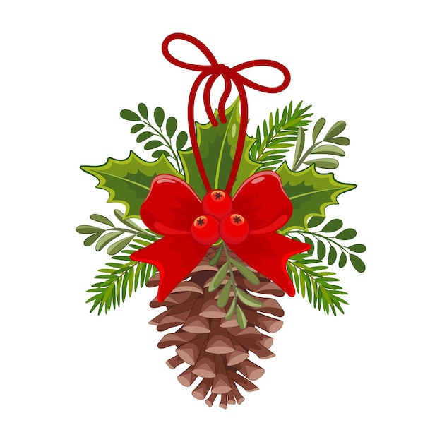 Ilustración vectorial de ramas de coníferas Ramas de árboles de abeto de cono de pino y cinta roja Clipart de naturaleza de invierno con arco rojo aislado