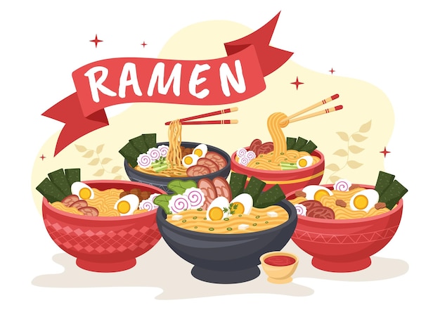 Vector ilustración vectorial de ramen de comida japonesa con fideos en plantillas planas dibujadas a mano de dibujos animados