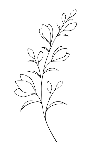 Ilustración vectorial de una ramita negra y blanca con flores y hojas aisladas sobre un fondo blanco