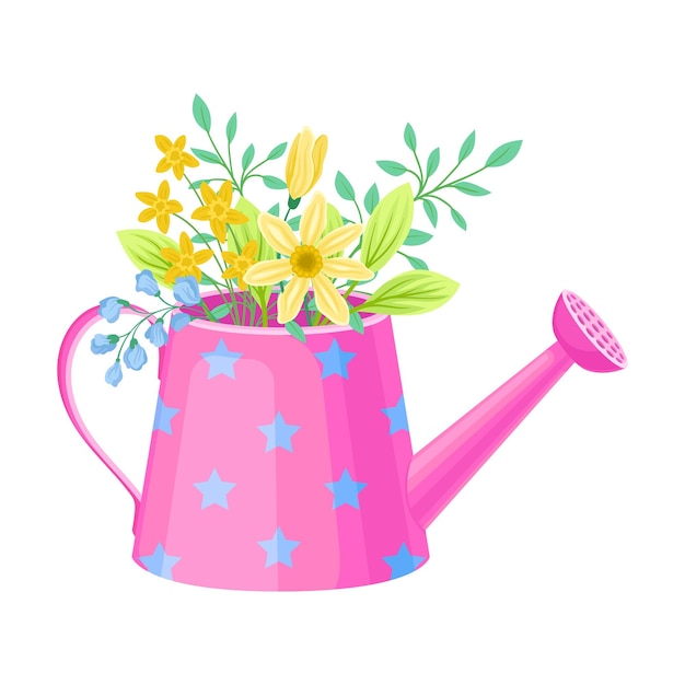 Ilustración vectorial de un ramo de flores en una lata de riego