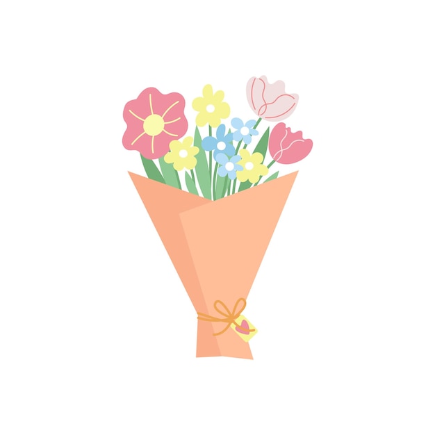 Ilustración vectorial de un ramo de flores pastel en envoltura de regalo