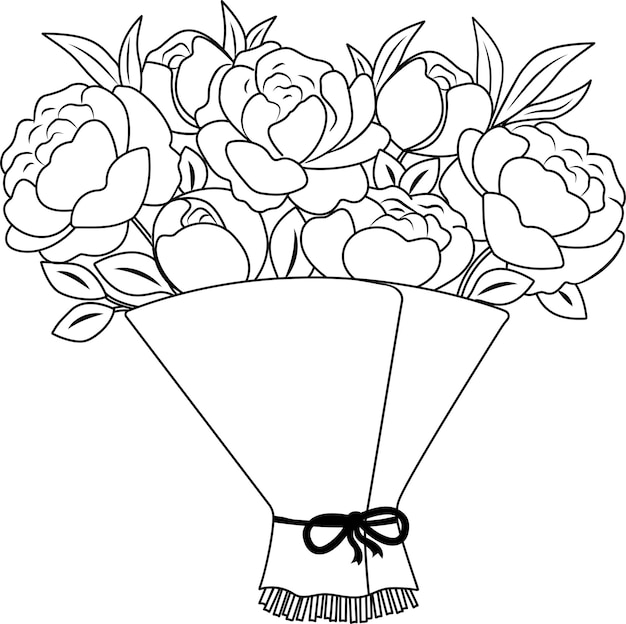 Ilustración vectorial de un ramo de flores ramo de peonías boceto en blanco y negro