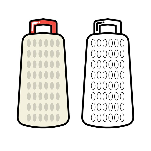 Ilustración vectorial de rastrillo de queso, queso rastrillado y pedazo de queso. Vista isométrica, aislada sobre un fondo blanco.