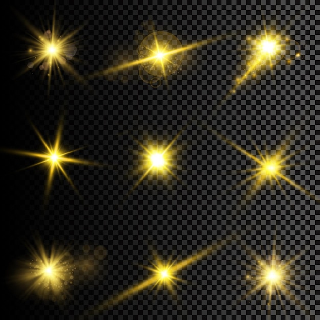 Ilustración vectorial de rayos de luz de llamarada abstracta Un conjunto de estrellas rayos de luz y resplandor y brigh
