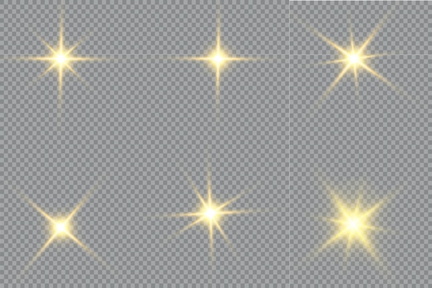 Vector ilustración vectorial de rayos de luz de llamarada abstracta un conjunto de estrellas, rayos de luz y resplandor y brigh