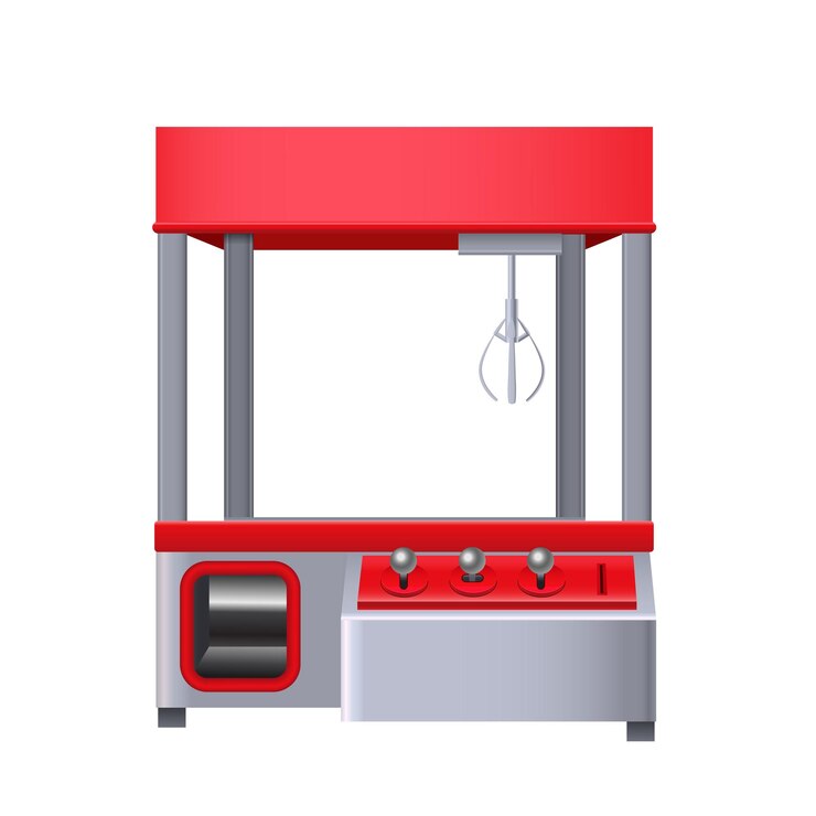 Vector ilustración vectorial realista 3d detallada de una grúa de garra de juguete roja en un fondo blanco de una máquina expendedora vacía