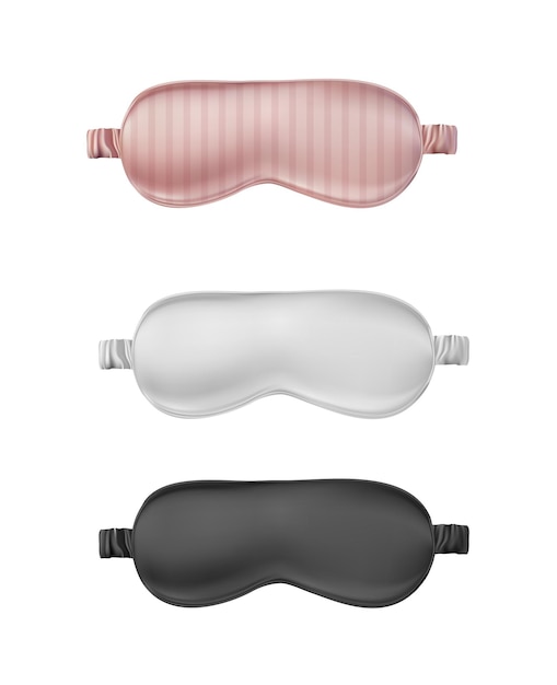 Ilustración vectorial realista Conjunto de máscaras para dormir blancas, negras y rosas.