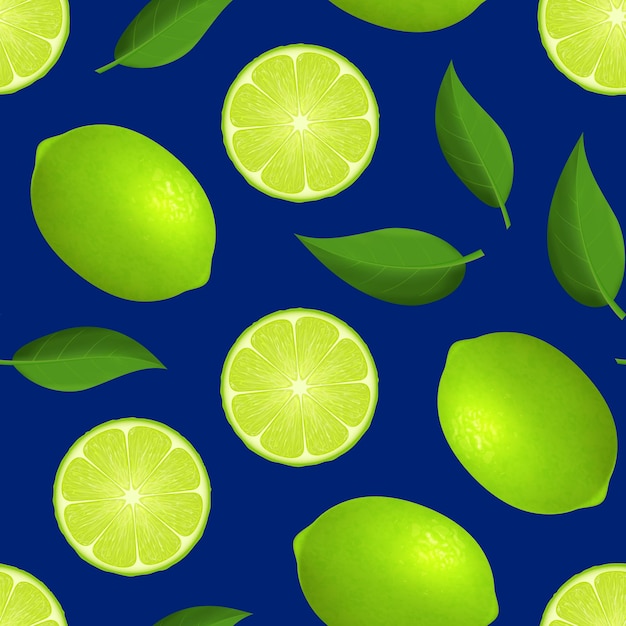 Ilustración vectorial realista detallada en 3D de frutas verdes maduras enteras, lima y rodajas, con un patrón sin costuras de fondo, de cítricos frescos y media