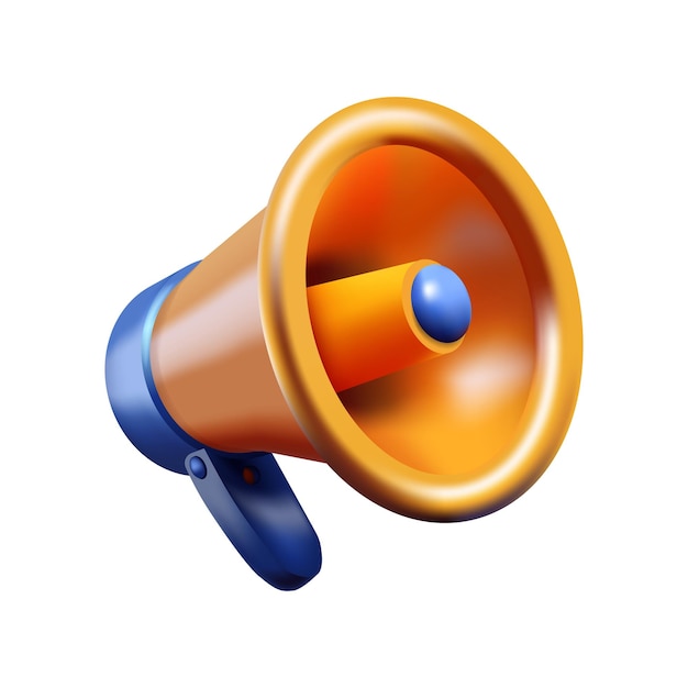 Ilustración vectorial realista de un megáfono azul y naranja sobre un fondo blanco