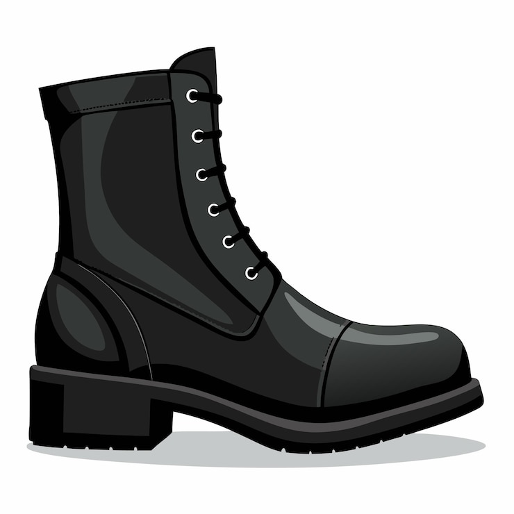 Vector ilustración vectorial realista de una nueva bota de cuero negro sobre un fondo blanco