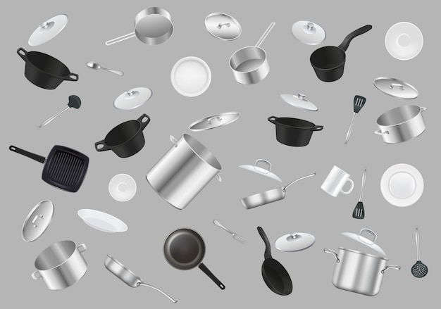 Ilustración vectorial realista del patrón de cocción de los utensilios de cocina que caen