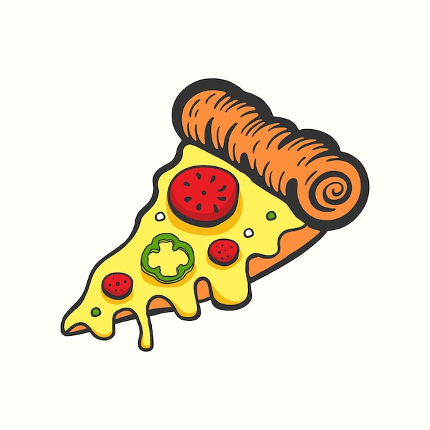 Ilustración vectorial de una rebanada de pizza con queso derretido y tomate al estilo de las caricaturas