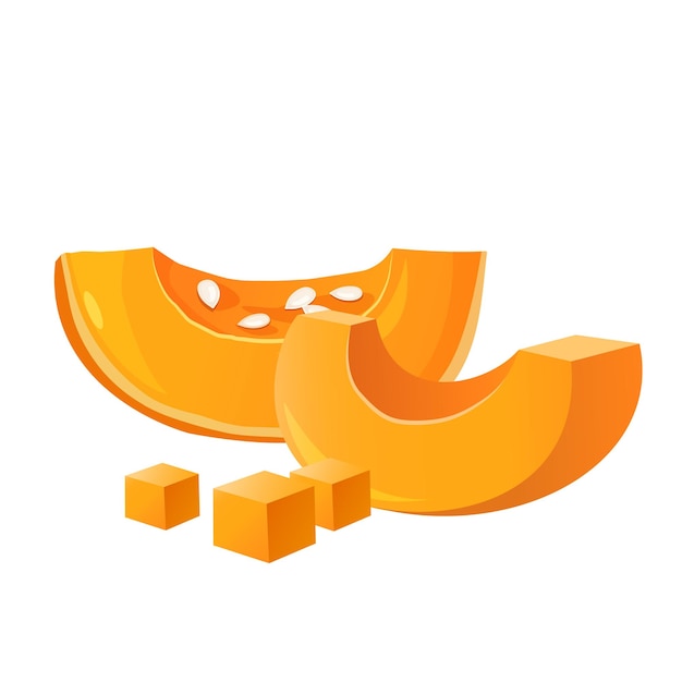 Ilustración vectorial de rebanadas y cubos de calabaza con semillas aisladas sobre un fondo blanco