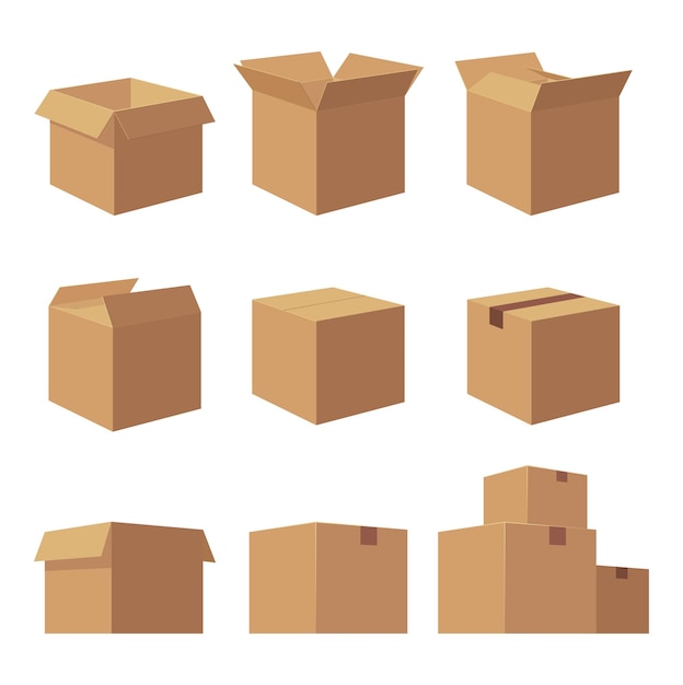 Ilustración vectorial de recogida de cajas de embalaje de entrega de cartón marrón de reciclaje abiertas y cerradas