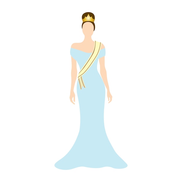 Ilustración vectorial de una reina de belleza en un elegante vestido de noche azul claro sobre fondo blanco