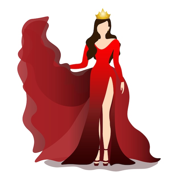 Ilustración vectorial de una reina de belleza con elegante vestido de noche rojo