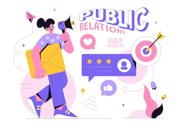 Ilustración vectorial de relaciones públicas con un equipo desarrollando ideas de campaña de marketing a través de los medios de comunicación para anunciar su negocio en segundo plano