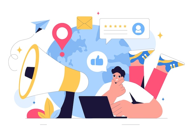 Ilustración vectorial de relaciones públicas positivas con publicidad de marca exitosa, gestión de la reputación y retroalimentación en marketing digital