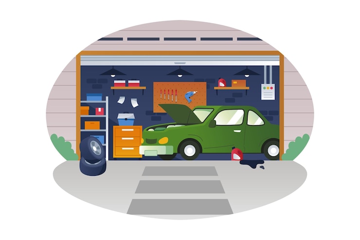 Vector ilustración vectorial de reparación de automóviles en el garaje