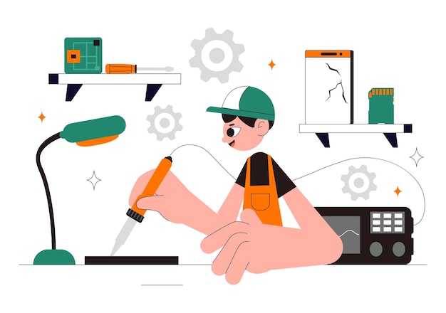 Ilustración vectorial de reparación móvil con un servicio electrónico de teléfono o teléfono inteligente con una pantalla rota y un mal funcionamiento del dispositivo en segundo plano