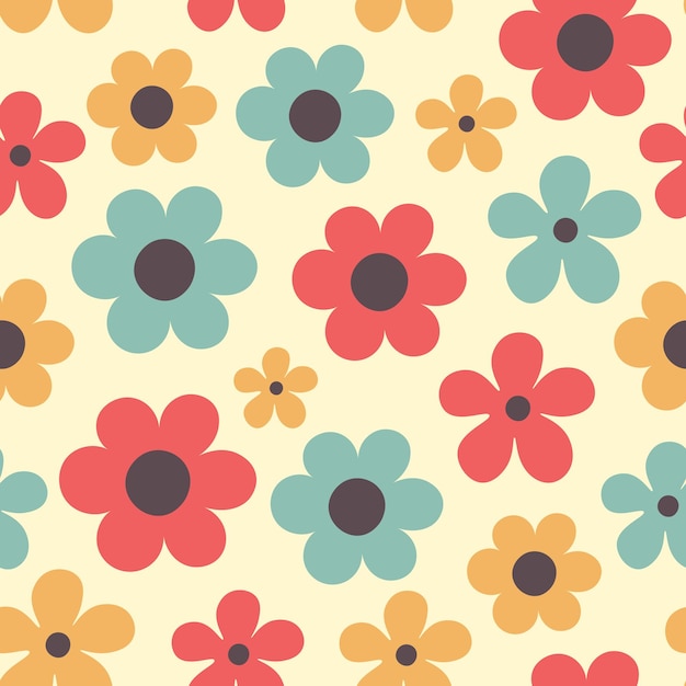 Ilustración vectorial de repetición del patrón sin costuras vintage de la camomila de los años setenta de colores
