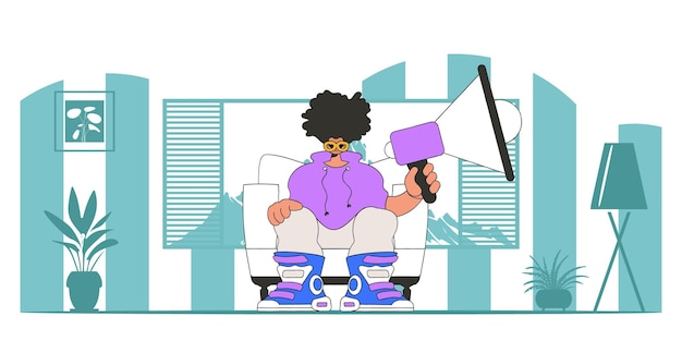Ilustración vectorial de un representante del departamento de personal Un hombre elegante se sienta en una silla y sostiene un megáfono