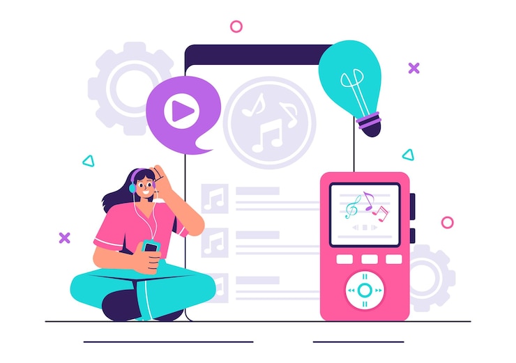 Vector ilustración vectorial del reproductor de mp3 con notaciones musicales, auriculares, cascos y dispositivos de aplicación móvil para escuchar música en un fondo plano