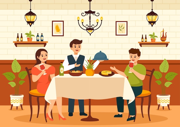 Ilustración vectorial de un restaurante español con varios menús de alimentos, platos tradicionales y recetas típicas