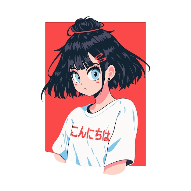 Ilustración vectorial de retrato de una joven anime en un rectángulo rojo