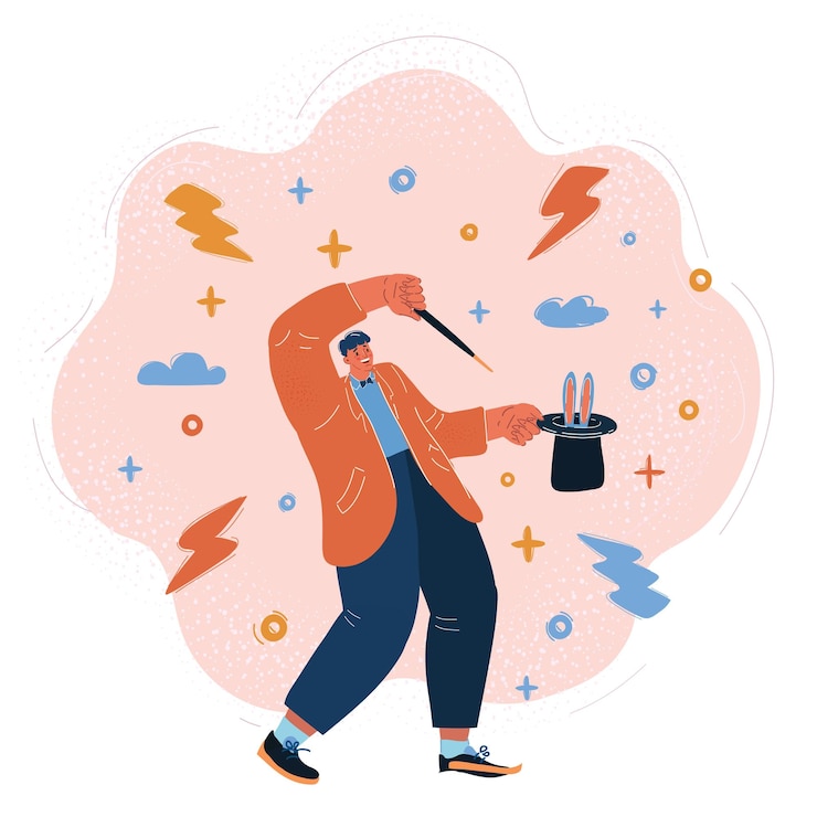 Vector ilustración vectorial de retrato en toda su longitud de un mago sosteniendo un sombrero con un conejo