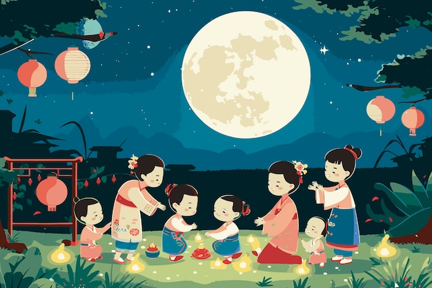 Ilustración vectorial Reunión familiar de cena con luna llena