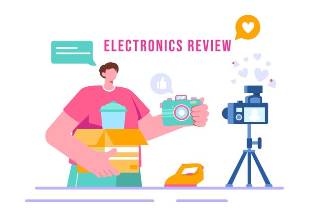 Ilustración vectorial de revisión electrónica con calificaciones de los clientes sobre la calidad del servicio o la aplicación y proporcionando retroalimentación en un fondo plano de dibujos animados