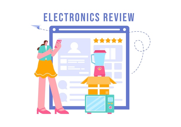 Ilustración vectorial de revisión electrónica con calificaciones de los clientes sobre la calidad del servicio o la aplicación y proporcionando retroalimentación en un fondo plano de dibujos animados