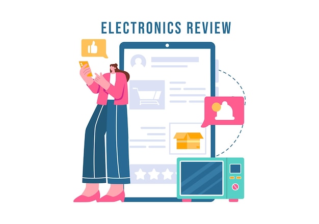Ilustración vectorial de revisión electrónica con calificaciones de los clientes sobre la calidad del servicio o la aplicación y proporcionando retroalimentación en un fondo plano de dibujos animados