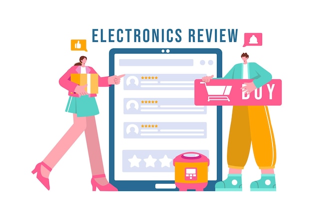 Ilustración vectorial de revisión electrónica con calificaciones de los clientes sobre la calidad del servicio o la aplicación y proporcionando retroalimentación en un fondo plano de dibujos animados
