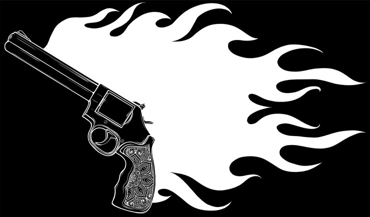 Vector ilustración vectorial de un revólver con llamas