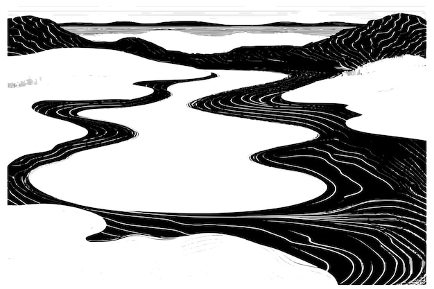 Vector ilustración vectorial de un río delineado en negro con una apariencia texturizada sobre un fondo blanco