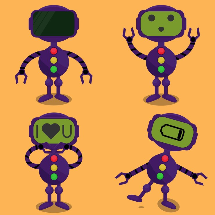 Vector ilustración vectorial de un robot morado en varias poses.