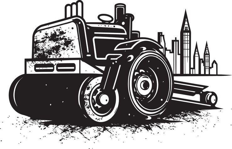 Vector ilustración vectorial de rodillos de asfalto explorados en la progresión de la infraestructura urbana