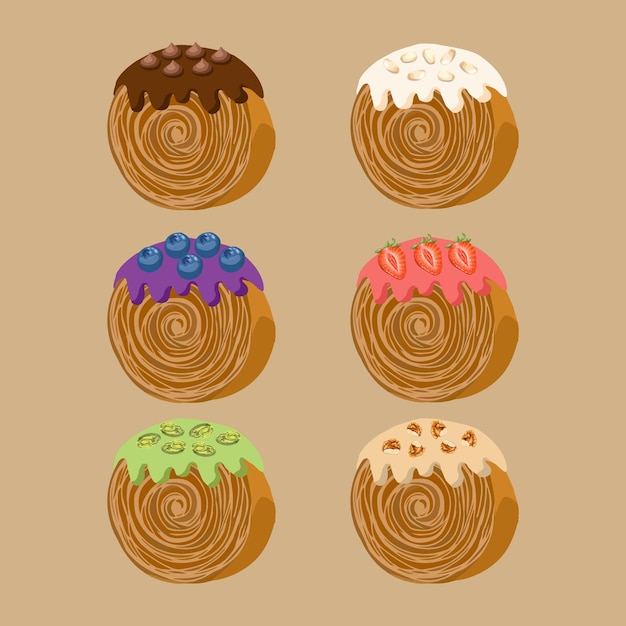 Vector ilustración vectorial de rollos de croissant o cromboloni de nueva york con varios aderezos