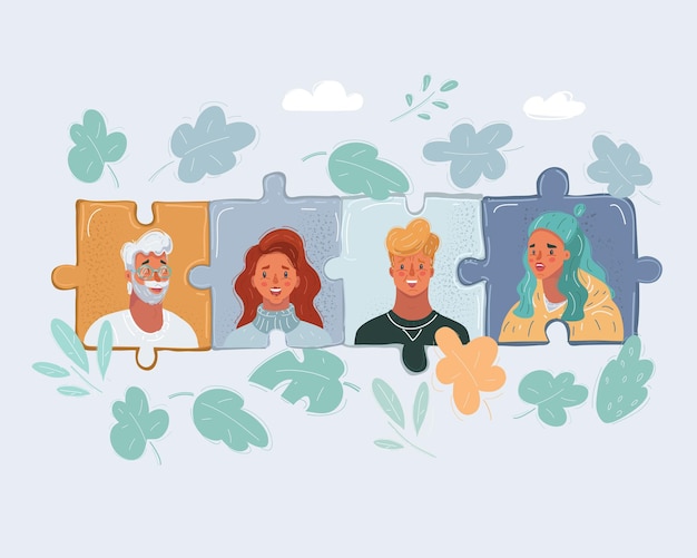 Ilustración vectorial de rompecabezas y personas en el equipo de la familia Icono de cara en piezas juntas