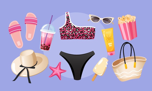 Ilustración vectorial con ropa y accesorios de playa elegantes para mujeres.